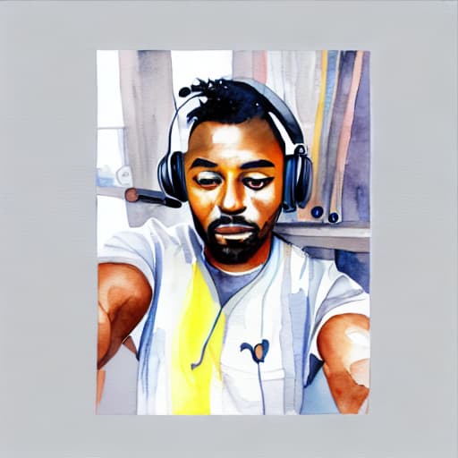  watercolor painting of a man with headphones listen music, best quality, masterpiece