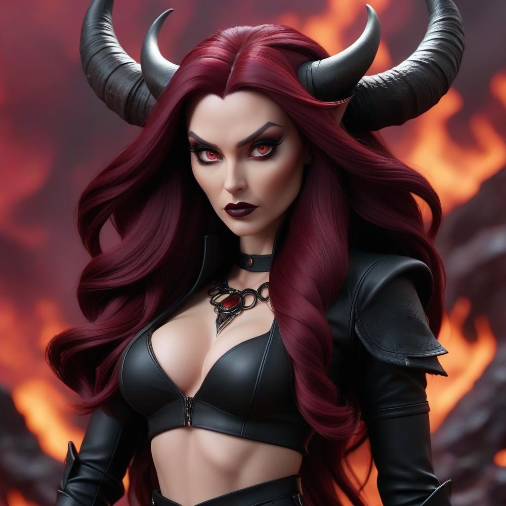  Lilith the demon with black horns, deep burgundy long hair, dressed in black clothing against a backdrop of Hell. hyperrealistic, full body, detailed clothing, highly detailed, cinematic lighting, stunningly beautiful, intricate, sharp focus, f/1. 8, 85mm, (centered image composition), (professionally color graded), ((bright soft diffused light)), volumetric fog, trending on instagram, trending on tumblr, HDR 4K, 8K