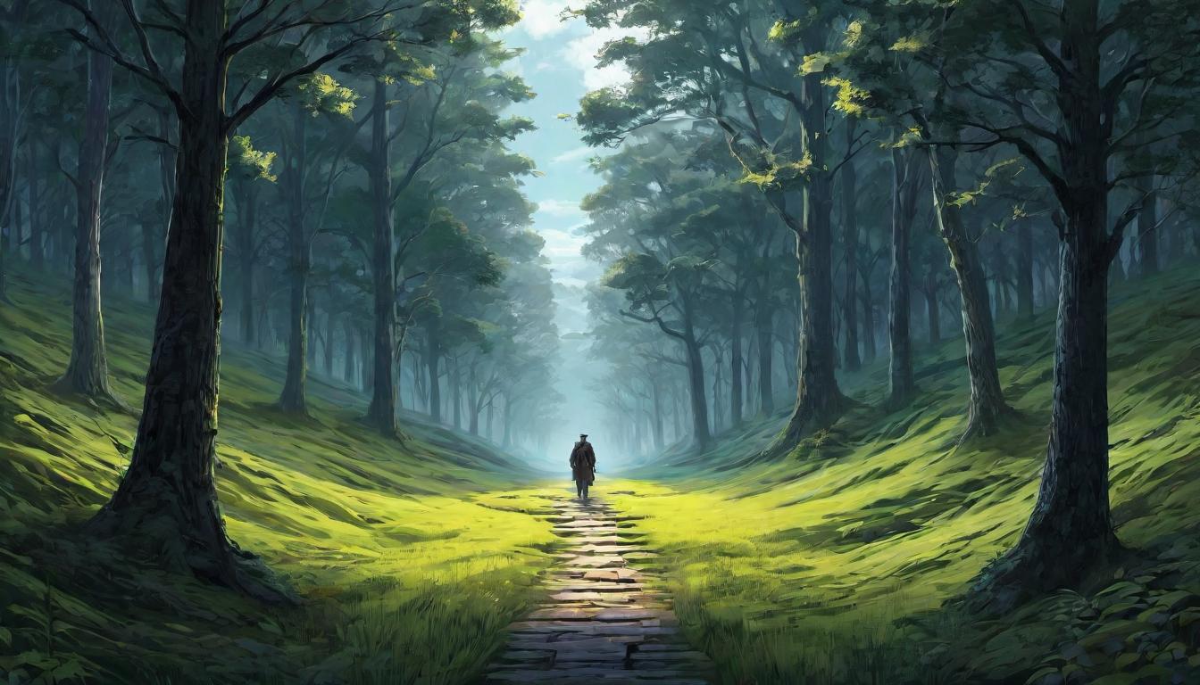  digital illustration A figure standing at a crossroads, one path leading into a dark, tangled forest, the other into a bright, open field, choice, contemplation. looking at viewer, dynamic pose, (intricate details, masterpiece, best quality)