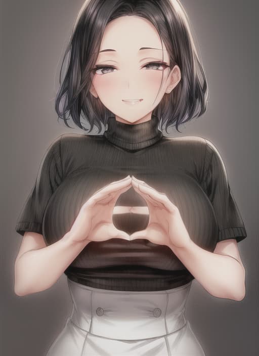  illustration of a woman, masterpiece, short black hair, grey eyes, (((winking))), (((hands cupped together to fork a circle))), (large breasts), professional attire, ((black turtleneck sweater)), high waist skirt, looking at viewer, calm expression, gentle smile, perfect eyes, nice hands, simple background, fine detail, perfect eyes, large forehead, expressive eyes, shiny lens, HD
