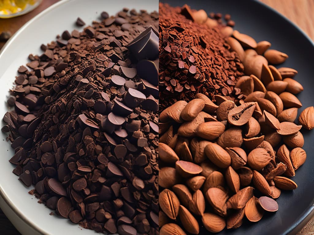  An 8k ultradetailed image showing a splitscreen comparison between cacao nibs and traditional chocolate chips. On the left side, a closeup of cacao nibs, showcasing their raw, crunchy texture and rich brown color. On the right side, a detailed shot of traditional chocolate chips melting in a warm, gooey pile, emphasizing their glossy finish and familiar chocolatey appearance. The contrast between the natural, unprocessed nibs and the processed, sugary chips is highlighted, with a sleek, minimalistic design that complements the informative article on incorporating cacao nibs into chocolate recipes. hyperrealistic, full body, detailed clothing, highly detailed, cinematic lighting, stunningly beautiful, intricate, sharp focus, f/1. 8, 85mm, (centered image composition), (professionally color graded), ((bright soft diffused light)), volumetric fog, trending on instagram, trending on tumblr, HDR 4K, 8K