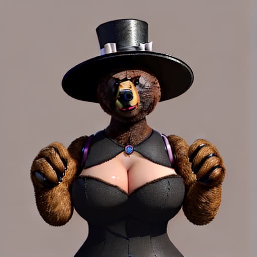  FFredina It is a robotic Animatronic with the appearance of a brown bear species with a female Animatronic body. It has a black top hat and round robotic ears like a bear, with a voluptuous body