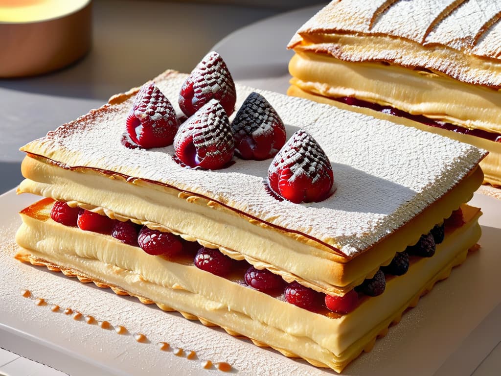  A closeup, ultradetailed image of a perfectly crafted, multilayered millefeuille pastry. Each delicate layer of flaky puff pastry is visible, alternating with rich vanilla pastry cream, topped with a glossy caramelized sugar layer. The pastry is elegantly dusted with a sprinkle of powdered sugar, and a single fresh raspberry sits atop, adding a vibrant pop of color against the golden pastry. The lighting is soft and highlights the intricate textures and layers of this exquisite dessert. hyperrealistic, full body, detailed clothing, highly detailed, cinematic lighting, stunningly beautiful, intricate, sharp focus, f/1. 8, 85mm, (centered image composition), (professionally color graded), ((bright soft diffused light)), volumetric fog, trending on instagram, trending on tumblr, HDR 4K, 8K