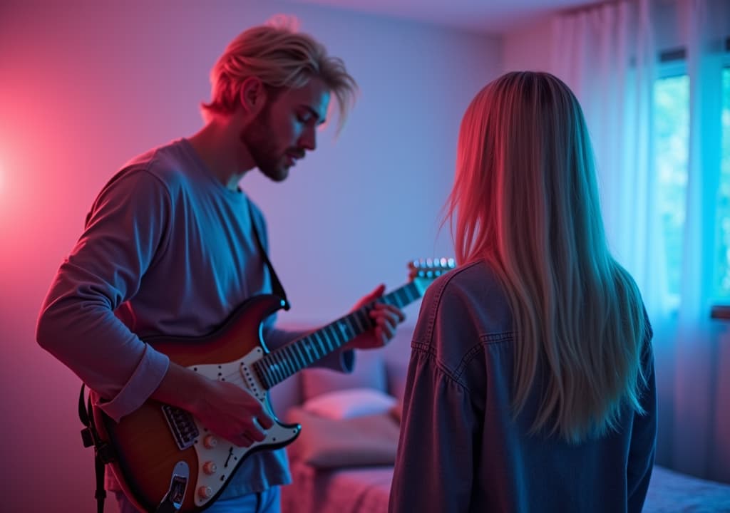  good quality, high quality, a blonde man plays guitar in a cool looking pink blue music studio bedroom, while a blonde girl sings, we cant see their faces their backs are turned on us