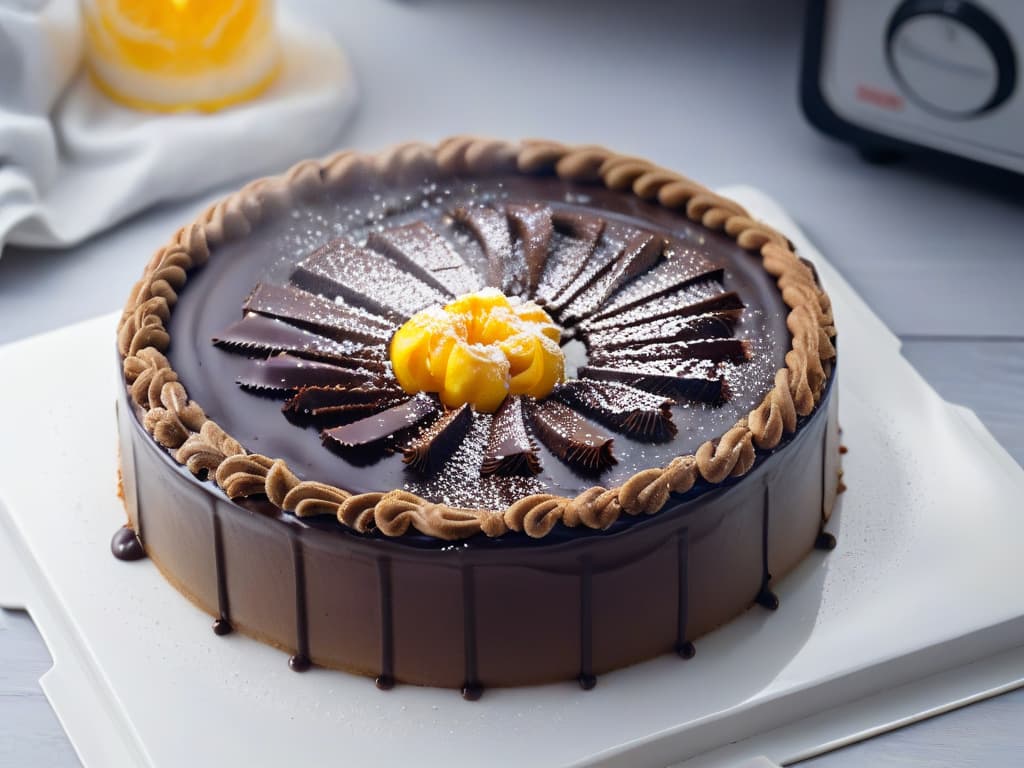  A closeup, ultradetailed image of a Neenish Tart with a glossy chocolate icing, contrasting white and dark halves, delicate crumbly pastry, and a sprinkle of yellow zest on top. The tart is elegantly placed on a pristine white minimalist plate, set against a clean, soft gray background to enhance its visual appeal and make the dessert the focal point of the image. hyperrealistic, full body, detailed clothing, highly detailed, cinematic lighting, stunningly beautiful, intricate, sharp focus, f/1. 8, 85mm, (centered image composition), (professionally color graded), ((bright soft diffused light)), volumetric fog, trending on instagram, trending on tumblr, HDR 4K, 8K