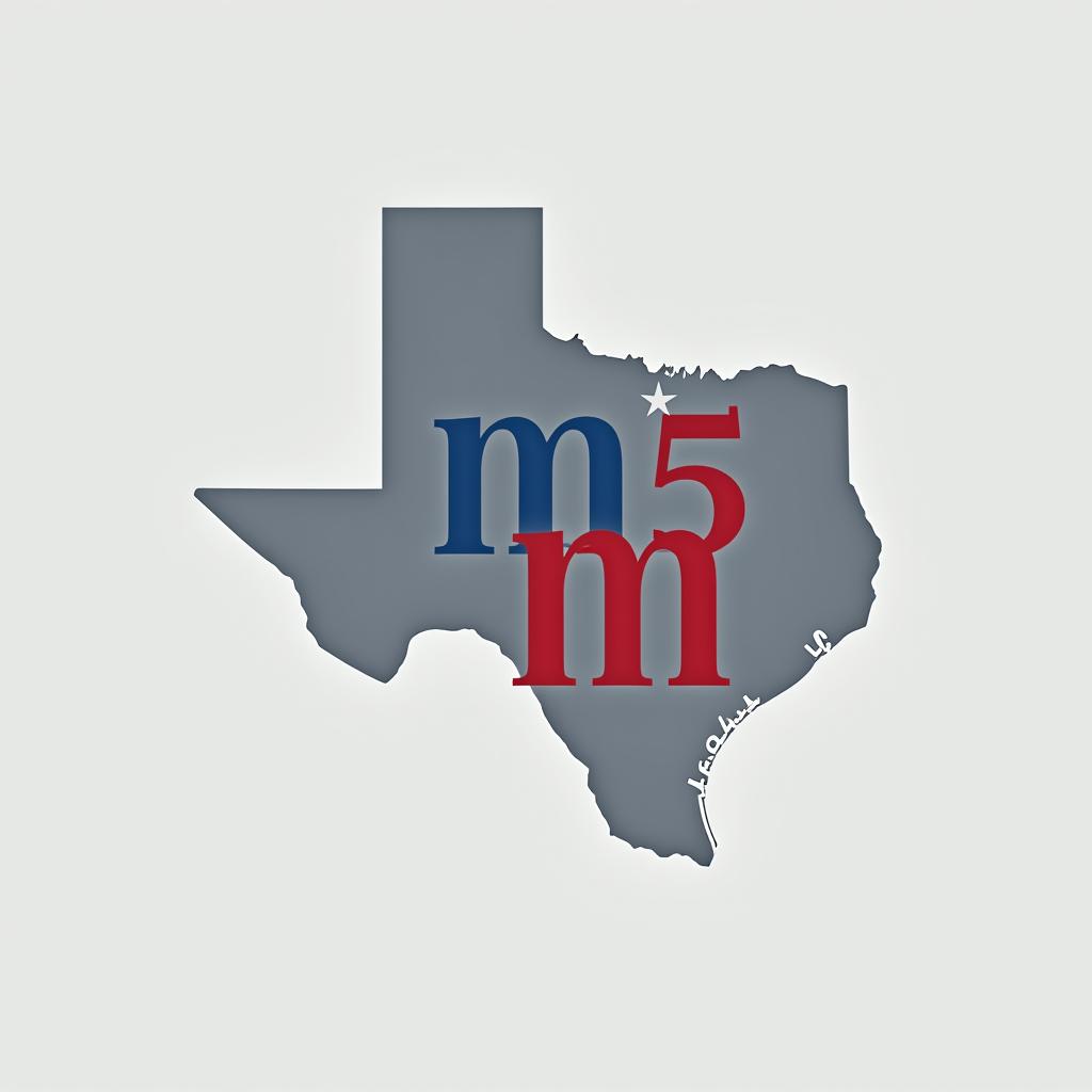  create a minimalist logo featuring the outline of texas. inside the outline, include the letters 'm5' in a bold, modern font: the 'm' in blue, the '5' in red, and a white star. use colors from the texas flag (blue, red, and white) for these elements. add the text 'custom homes and remodeling, llc' elegantly below or around the texas outline in a neutral color, like black or dark blue, to enhance readability while keeping the focus on the central design.