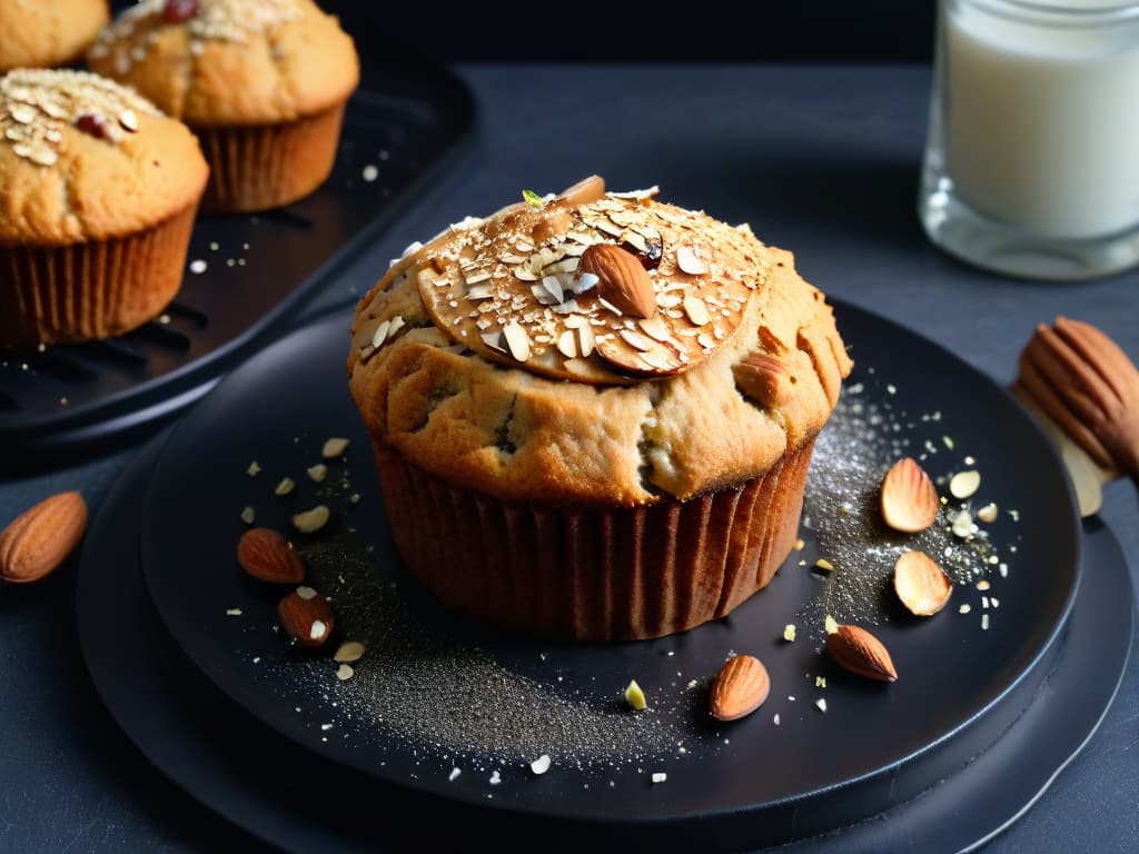  An ultradetailed closeup image of a freshly baked vegan almond and chia seed muffin, showcasing the goldenbrown crust with visible texture, topped with a sprinkle of chia seeds and crushed almonds. The muffin is placed on a sleek, matte black plate, emphasizing a modern and minimalistic aesthetic. The lighting highlights the intricate details of the muffin, making the viewer almost able to smell the nutty aroma coming from the freshly baked treat. hyperrealistic, full body, detailed clothing, highly detailed, cinematic lighting, stunningly beautiful, intricate, sharp focus, f/1. 8, 85mm, (centered image composition), (professionally color graded), ((bright soft diffused light)), volumetric fog, trending on instagram, trending on tumblr, HDR 4K, 8K