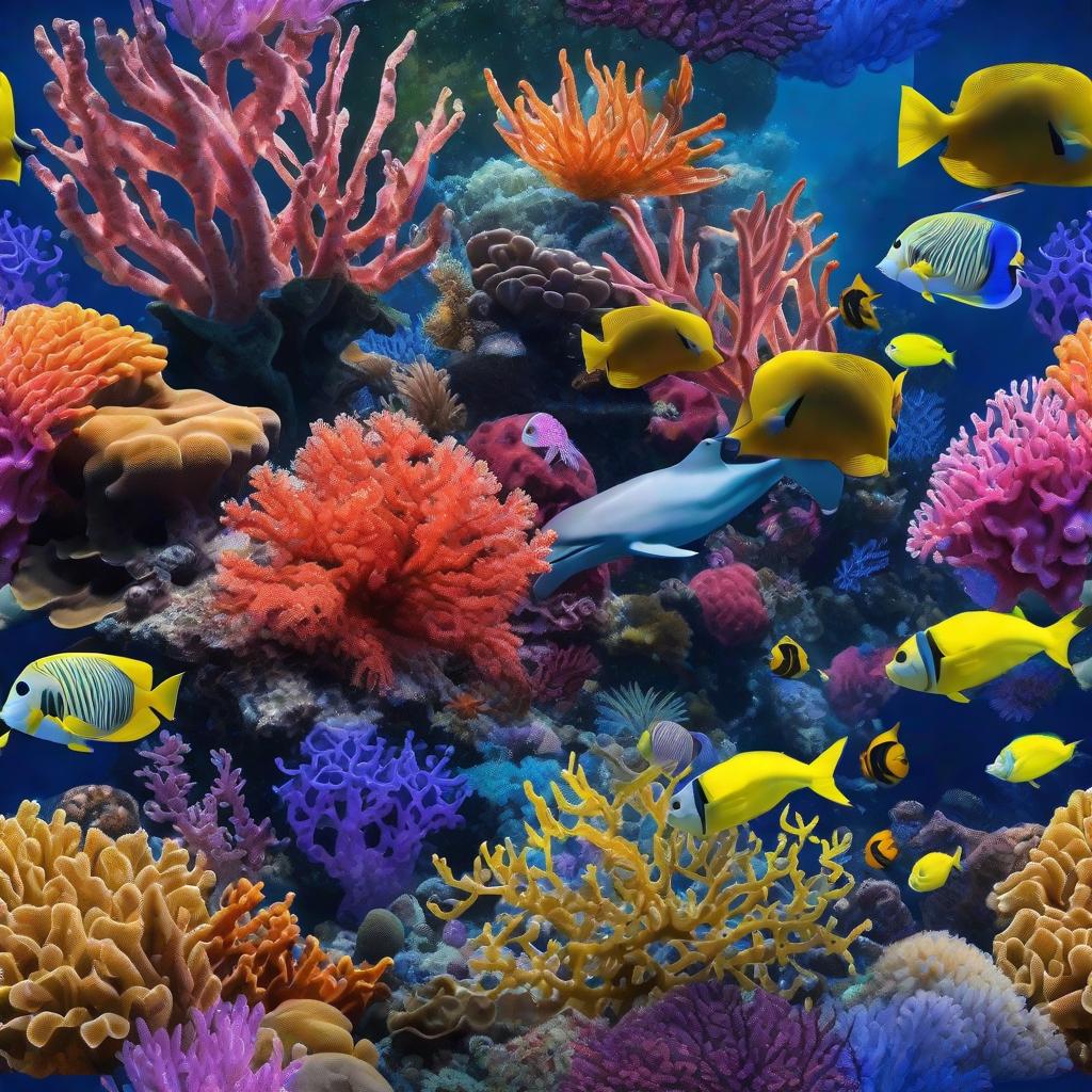  masterpiece, best quality, beautiful deep sea full of corals, diverse marine life and fascinating underwater landscapes with corals, appendages, small fish, anemones, dolphins, various algae, caves, colorful, 8k resolution and intricate detail