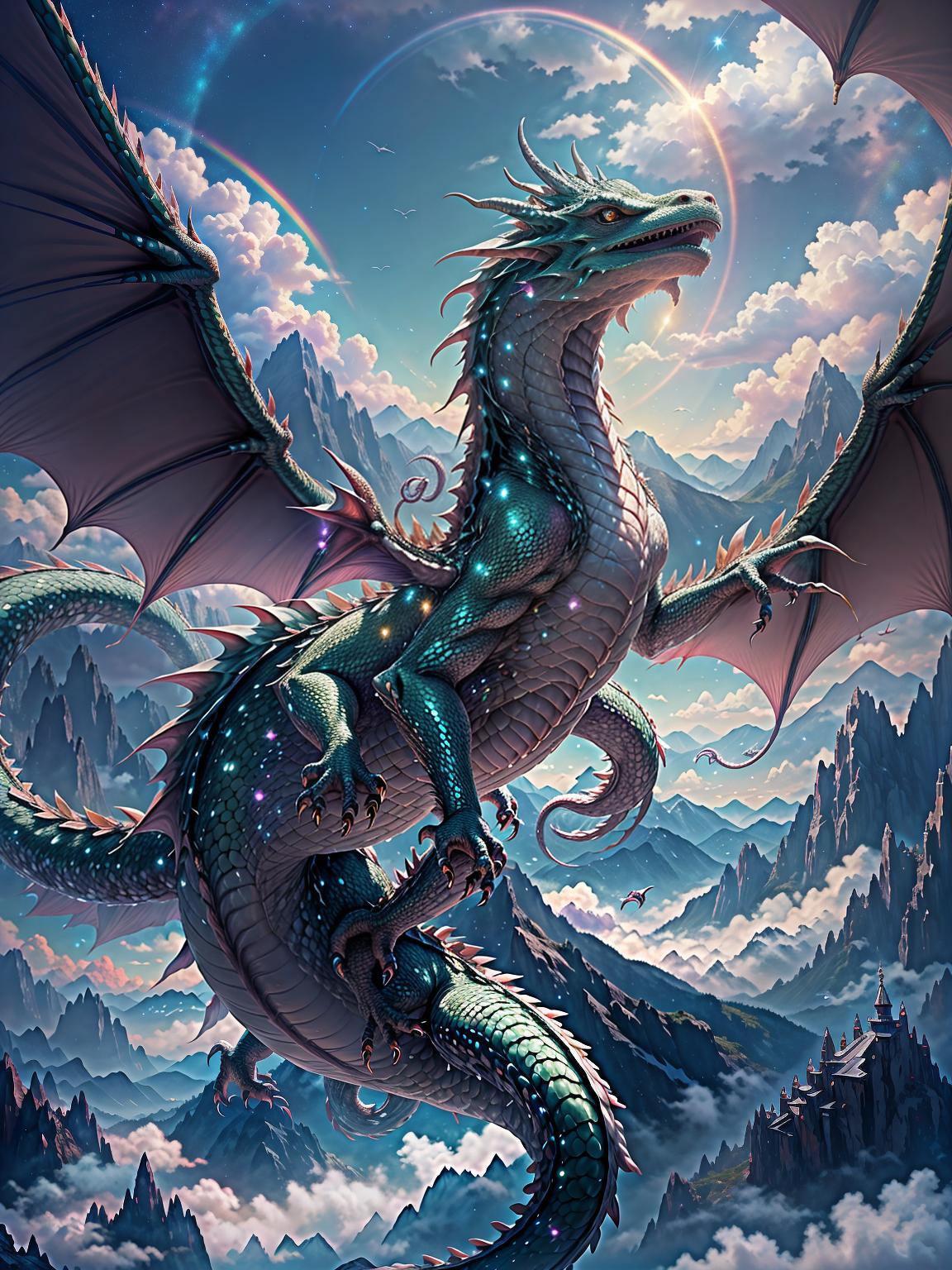  master piece, best quality, ultra detailed, highres, 4k.8k, White Dragon, Wriggling towards the sky, Serene, BREAK Dragon's Dream, Rainbow filled sky, Clouds, Rainbow, Stars, Mountains, BREAK Magical and serene, Dreamy and ethereal appearance, creature00d,crystallineAI