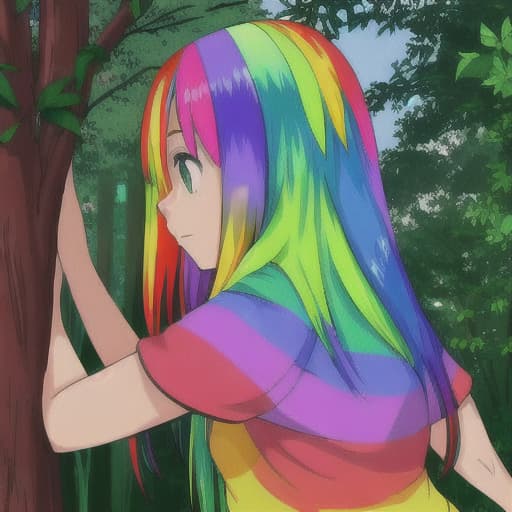  A girl has hair in rainbow color, colorful leaves