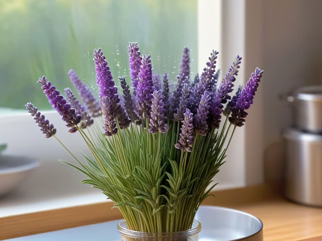  An ultradetailed closeup image of a delicate lavender flower with dew drops glistening on its petals, set against a blurred background of a rustic kitchen with soft natural light filtering through a window, creating a serene and inviting atmosphere for exploring exotic essences in pastry making. hyperrealistic, full body, detailed clothing, highly detailed, cinematic lighting, stunningly beautiful, intricate, sharp focus, f/1. 8, 85mm, (centered image composition), (professionally color graded), ((bright soft diffused light)), volumetric fog, trending on instagram, trending on tumblr, HDR 4K, 8K