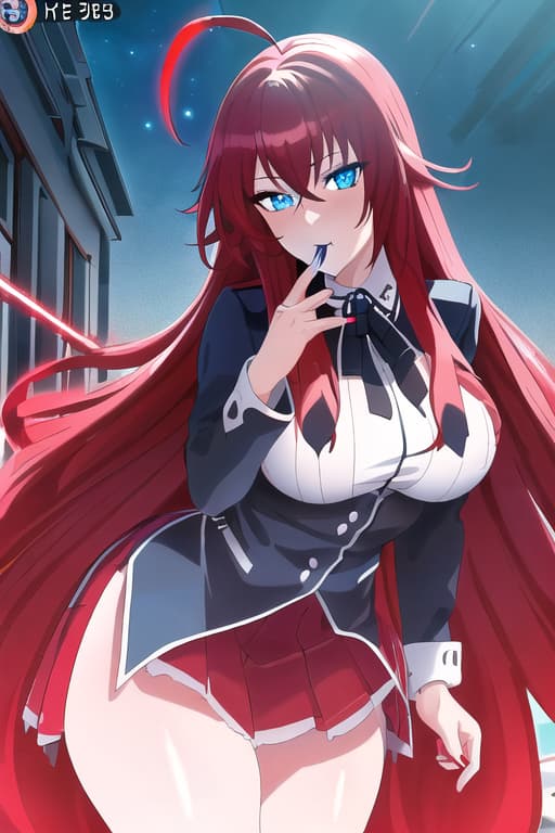  with erect in her mouth,masterpiece, best quality, 1women, long red hair, looking at viewer, :3, cute, black uniform, outdoors, streets, cowboy shot, curvy, (((blue eyes))), rias gremory, red hair, antenna hair, wavy hair, ((beautiful detailed eyes, beautiful detailed glow, lots of glow)), anime screencap