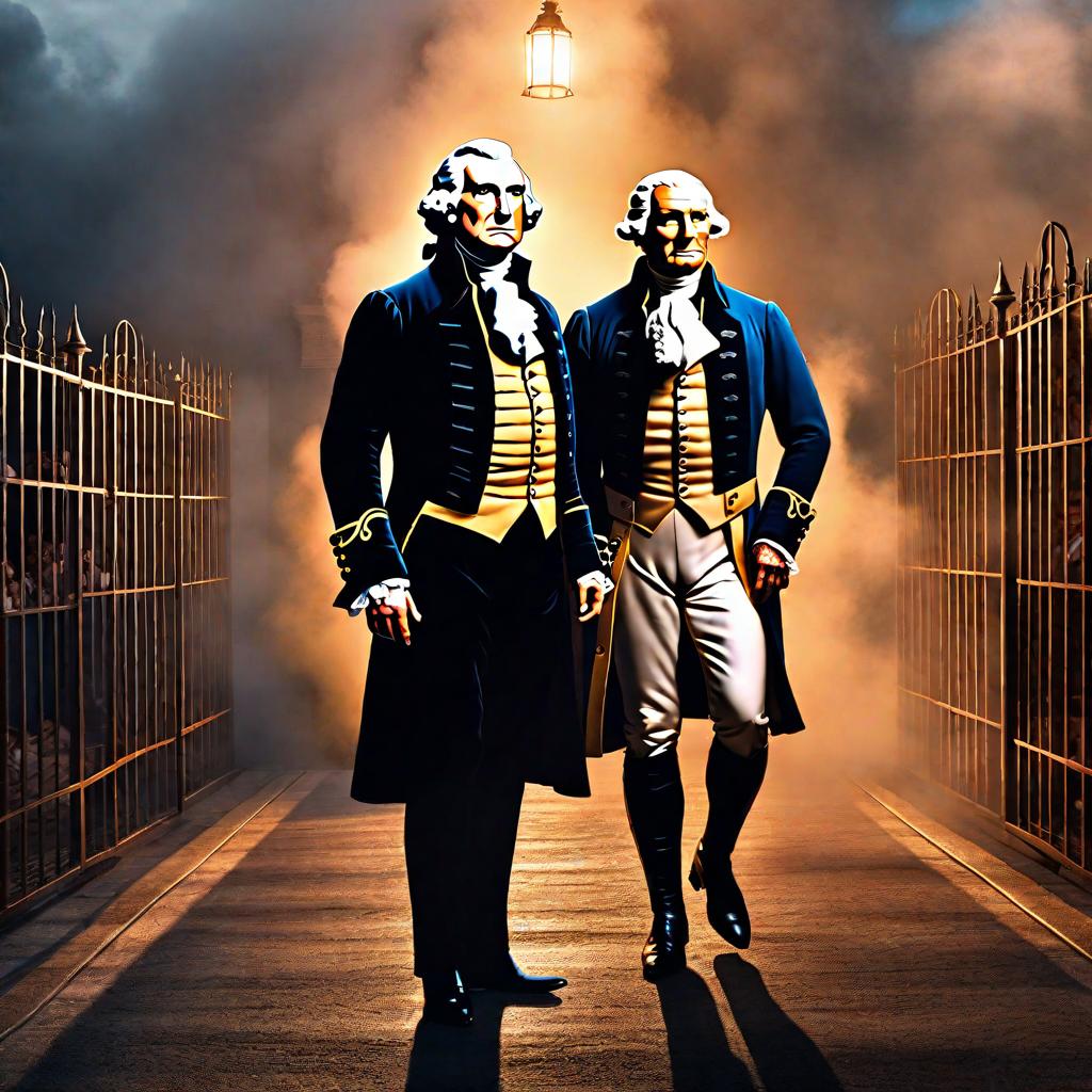  president george washington releasing donald trump out of jail hyperrealistic, full body, detailed clothing, highly detailed, cinematic lighting, stunningly beautiful, intricate, sharp focus, f/1. 8, 85mm, (centered image composition), (professionally color graded), ((bright soft diffused light)), volumetric fog, trending on instagram, trending on tumblr, HDR 4K, 8K