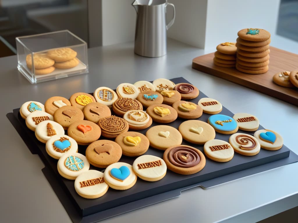  An ultradetailed 8k image of a sleek, modern kitchen countertop showcasing an array of personalized lasercut cookie cutters in various intricate designs. The cutters, made of shiny stainless steel, are neatly arranged next to freshly baked cookies featuring unique shapes like unicorns, geometric patterns, and personalized names. Soft natural light filters through a nearby window, casting a warm glow on the scene and highlighting the precision and artistry of the custom cookie designs. hyperrealistic, full body, detailed clothing, highly detailed, cinematic lighting, stunningly beautiful, intricate, sharp focus, f/1. 8, 85mm, (centered image composition), (professionally color graded), ((bright soft diffused light)), volumetric fog, trending on instagram, trending on tumblr, HDR 4K, 8K