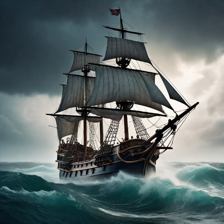  Pirate ship sailing through a stormy sea hyperrealistic, full body, detailed clothing, highly detailed, cinematic lighting, stunningly beautiful, intricate, sharp focus, f/1. 8, 85mm, (centered image composition), (professionally color graded), ((bright soft diffused light)), volumetric fog, trending on instagram, trending on tumblr, HDR 4K, 8K