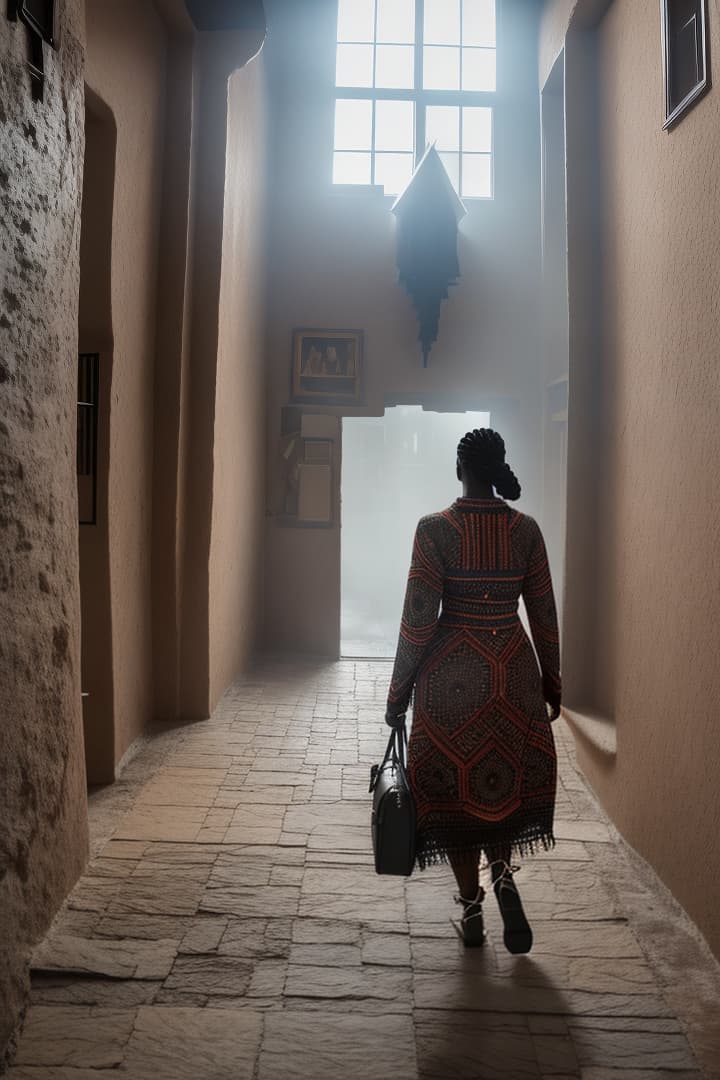  A black African lady walking into a house that looks haunted hyperrealistic, full body, detailed clothing, highly detailed, cinematic lighting, stunningly beautiful, intricate, sharp focus, f/1. 8, 85mm, (centered image composition), (professionally color graded), ((bright soft diffused light)), volumetric fog, trending on instagram, trending on tumblr, HDR 4K, 8K