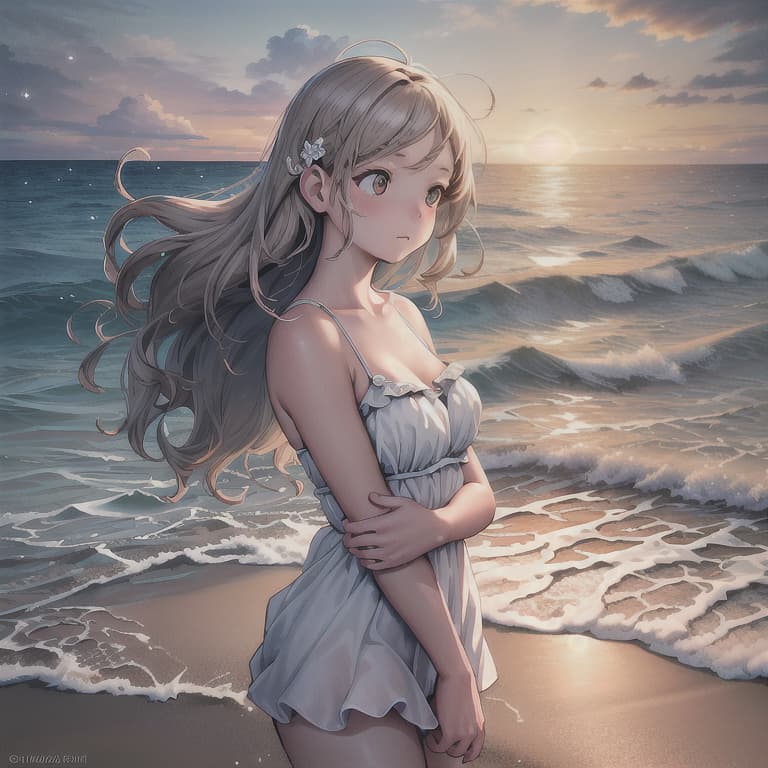  (8K, high resolution), (masterpiece, best quality:1.2), highres, perfect anatomy,girl sea contemplative gaze ocean waves serene expression sunset backdrop windswept hair wistful thoughts sandy beach seagulls flying by nostalgic mood,light particles, soft lighting, volumetric lighting, intricate details, finely detailed