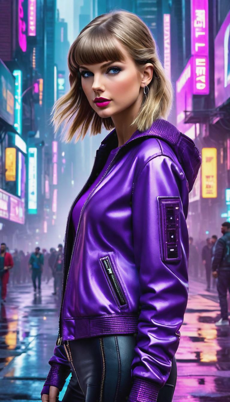  Cyberpunk style depiction of Taylor Swift wearing purple casual wear. The scene is set in a world where technology has advanced, but society and human conditions have not, creating a gritty, dystopian atmosphere. hyperrealistic, full body, detailed clothing, highly detailed, cinematic lighting, stunningly beautiful, intricate, sharp focus, f/1. 8, 85mm, (centered image composition), (professionally color graded), ((bright soft diffused light)), volumetric fog, trending on instagram, trending on tumblr, HDR 4K, 8K