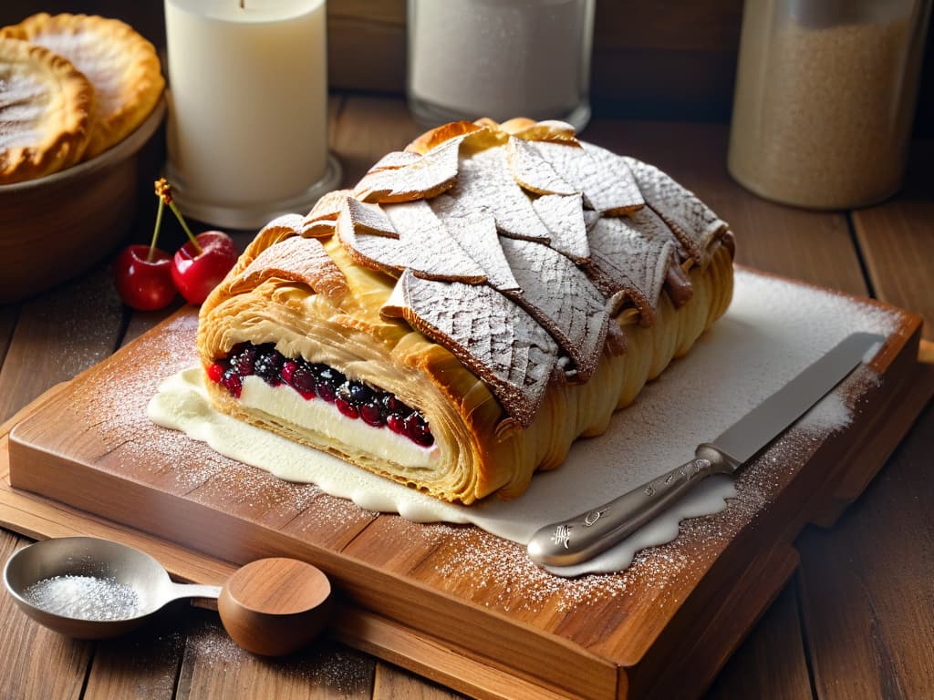  A beautifully composed, photorealistic image of a goldenbrown cherry strudel sitting on a rustic wooden table, dusted with a delicate snowfall of powdered sugar. The flaky layers of pastry glisten in the soft, natural light, showcasing the juicy cherry filling peeking through the edges. A vintage silver spoon rests beside the strudel, inviting viewers to imagine themselves savoring a warm slice of this traditional delight. hyperrealistic, full body, detailed clothing, highly detailed, cinematic lighting, stunningly beautiful, intricate, sharp focus, f/1. 8, 85mm, (centered image composition), (professionally color graded), ((bright soft diffused light)), volumetric fog, trending on instagram, trending on tumblr, HDR 4K, 8K