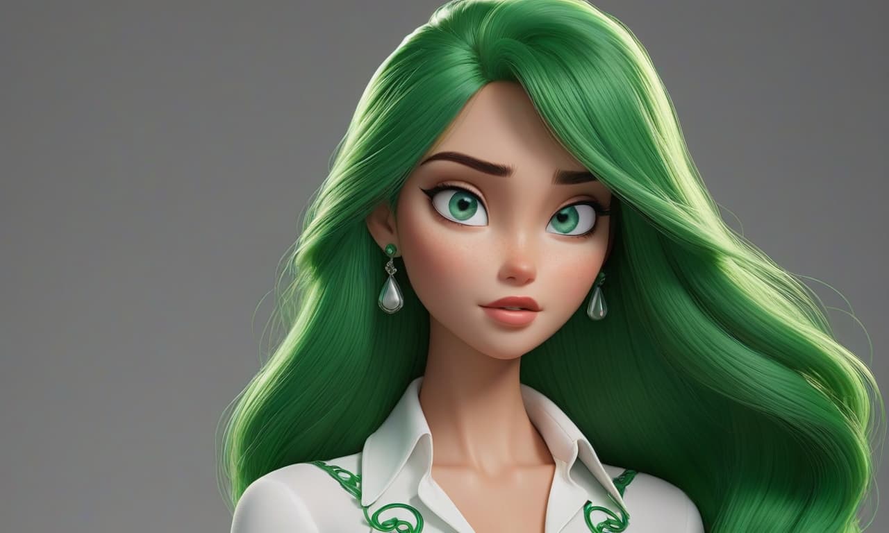  professional 3d model Draw a in Pixar style with long hair. She has green eyes. She's wearing a long white and a bright emerald . She's friendly. . octane render, highly detailed, volumetric, dramatic lighting hyperrealistic, full body, detailed clothing, highly detailed, cinematic lighting, stunningly beautiful, intricate, sharp focus, f/1. 8, 85mm, (centered image composition), (professionally color graded), ((bright soft diffused light)), volumetric fog, trending on instagram, trending on tumblr, HDR 4K, 8K