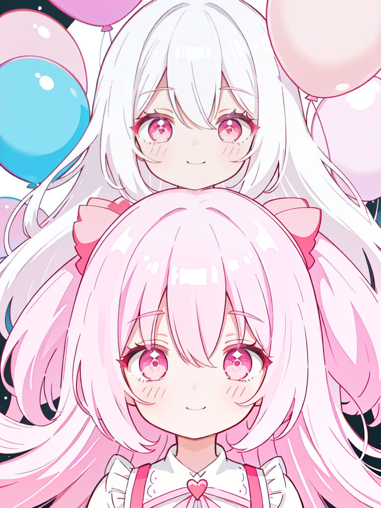  1 Girl, solo, white hair, dark pink, gradation, twosideup, long hair, smile, birthday, cute, cute, pink, balloons, celebration, red eyes, sauce eyes, masterpiece, best quality,8k,ultra detailed,high resolution,an extremely delicate and beautiful,hyper detail