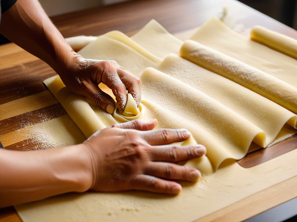  A serene, minimalistic image of a chef's hands expertly rolling out a delicate sheet of homemade pasta, captured in exquisite detail to showcase the intricate texture and translucency of the dough. The chef's fingers, dusted with a light sprinkling of flour, gently press against the pasta, emphasizing the meticulous craft and skill involved in creating a culinary masterpiece. The soft, natural lighting illuminates the scene, casting subtle shadows that add depth and dimension to the composition. This image conveys a sense of precision, artistry, and devotion to the culinary craft, perfectly complementing the theme of gourmet international cooking retreats. hyperrealistic, full body, detailed clothing, highly detailed, cinematic lighting, stunningly beautiful, intricate, sharp focus, f/1. 8, 85mm, (centered image composition), (professionally color graded), ((bright soft diffused light)), volumetric fog, trending on instagram, trending on tumblr, HDR 4K, 8K