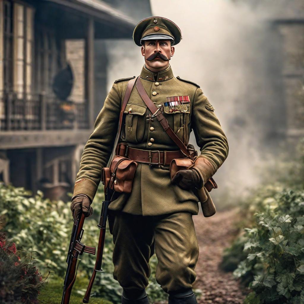  Soldat français de verdain 1916 hyperrealistic, full body, detailed clothing, highly detailed, cinematic lighting, stunningly beautiful, intricate, sharp focus, f/1. 8, 85mm, (centered image composition), (professionally color graded), ((bright soft diffused light)), volumetric fog, trending on instagram, trending on tumblr, HDR 4K, 8K