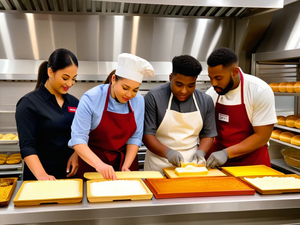  A closeup, ultradetailed image of a diverse group of individuals with varying abilities working together in a brightly lit, modern bakery kitchen. Each person is actively engaged in different baking tasks, showcasing teamwork and inclusivity. The image features a mix of colors and textures from the ingredients and tools used, highlighting the beauty in diversity and collaboration. hyperrealistic, full body, detailed clothing, highly detailed, cinematic lighting, stunningly beautiful, intricate, sharp focus, f/1. 8, 85mm, (centered image composition), (professionally color graded), ((bright soft diffused light)), volumetric fog, trending on instagram, trending on tumblr, HDR 4K, 8K