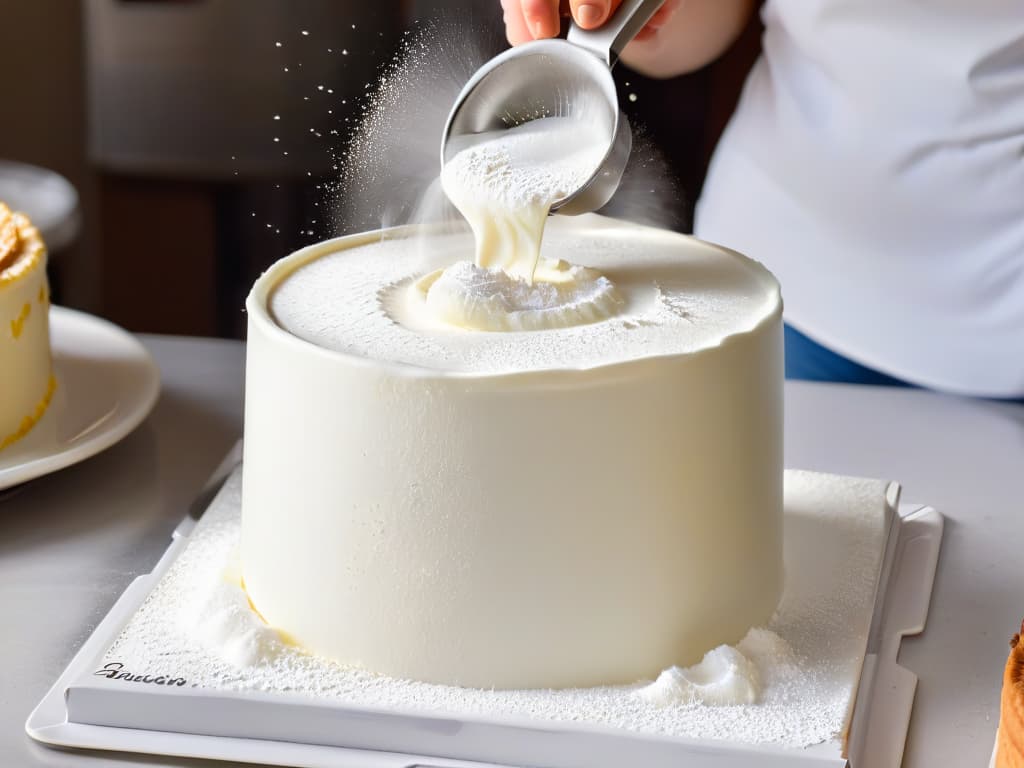  An ultradetailed closeup image of a sleek, modern stainless steel sieve with fine mesh, filled with powdered sugar being sifted gently onto a perfectly baked and beautifully decorated cake. The soft white powder cascades through the mesh, creating a cloudlike effect in the air, with tiny sugar particles suspended midair against a blurred background of a busy bakery kitchen, capturing a moment of precision and artistry in pastrymaking. hyperrealistic, full body, detailed clothing, highly detailed, cinematic lighting, stunningly beautiful, intricate, sharp focus, f/1. 8, 85mm, (centered image composition), (professionally color graded), ((bright soft diffused light)), volumetric fog, trending on instagram, trending on tumblr, HDR 4K, 8K