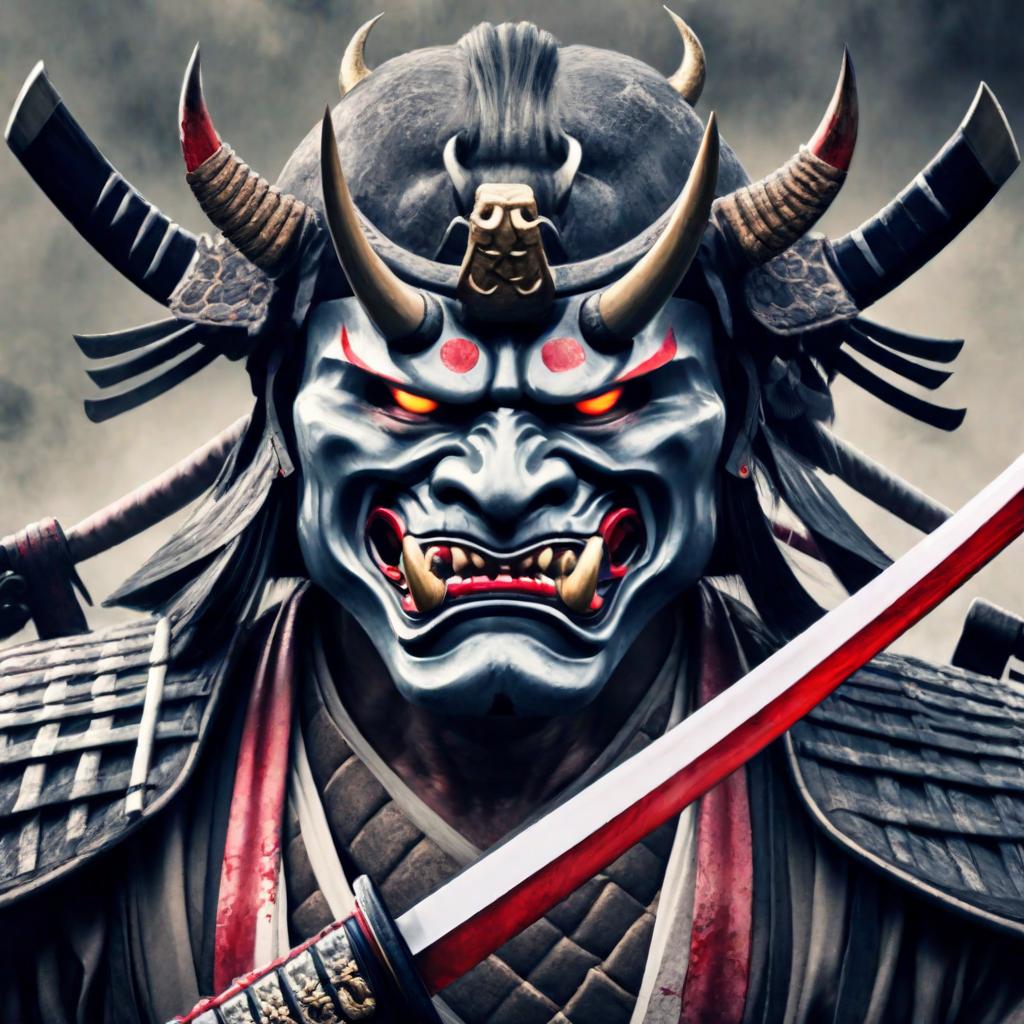  {Oni Masked Samurai} with a menacing expression, tightly gripping a bloody katana, showcasing intense anger. The setting is an outdoor battlefield with a misty, moonlit atmosphere. The image type is digital illustration, inspired by a combination of traditional Japanese art and contemporary hyperrealism. The art style should emphasize fine details, especially on the oni mask and blood-stained katana. The background includes remnants of a fierce battle, with fallen warriors and scattered cherry blossom petals. The camera shot is a medium close-up, using a 50mm lens for a balanced perspective. Lighting should mimic moonlight, casting dramatic shadows. The resolution is 16K, ensuring hyper-detailed rendering and vivid colors. Art inspirations 