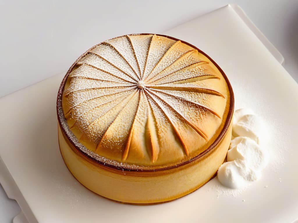  A closeup, ultradetailed image of a freshly baked maamoul cookie, dusted with powdered sugar, filled with dates, and intricately designed with geometric patterns, set against a simple, elegant white background. The cookie's goldenbrown crust glistens, showcasing the delicate crimped edges and the expertly crafted embossed design that symbolizes tradition and craftsmanship. The image highlights the textures and colors of the cookie, inviting the viewer to savor the fusion of flavors and cultural heritage encapsulated in this Middle Eastern delicacy. hyperrealistic, full body, detailed clothing, highly detailed, cinematic lighting, stunningly beautiful, intricate, sharp focus, f/1. 8, 85mm, (centered image composition), (professionally color graded), ((bright soft diffused light)), volumetric fog, trending on instagram, trending on tumblr, HDR 4K, 8K