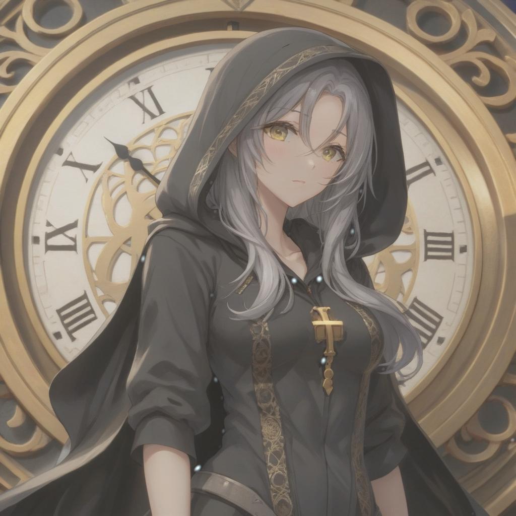  anime artwork A girl in anime style with long gray hair and gray eyes, tired gaze, black long clothes hanging, black beanie on head, black engraved pattern on her leg, standing sideways, arms reaching up, behind her a large clock face with golden Roman numerals and black engraved pointers . anime style, key visual, vibrant, studio anime, highly detailed hyperrealistic, full body, detailed clothing, highly detailed, cinematic lighting, stunningly beautiful, intricate, sharp focus, f/1. 8, 85mm, (centered image composition), (professionally color graded), ((bright soft diffused light)), volumetric fog, trending on instagram, trending on tumblr, HDR 4K, 8K