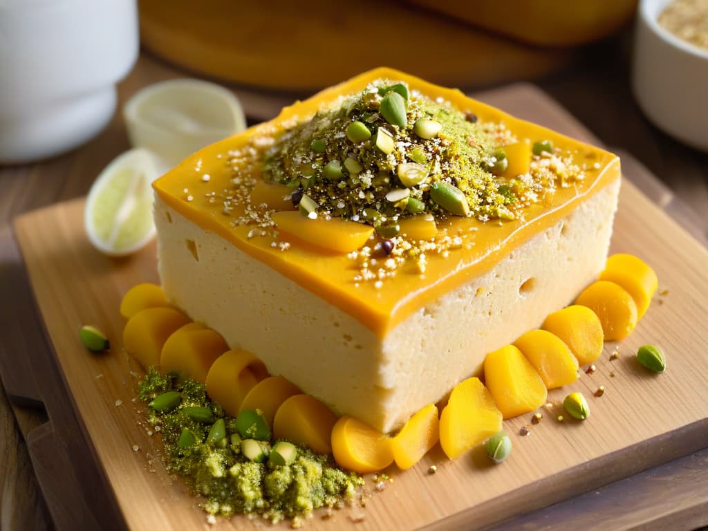  An ultradetailed closeup image of a freshly made halva africano resting on a rustic wooden serving platter, adorned with a sprinkle of vibrant pistachio crumbs and delicate saffron threads. The halva glistens under a soft, natural light, showcasing its rich texture and golden hue, with tiny crystallized sugar crystals shimmering on the surface. The intricate details of the dessert's composition are highlighted, from the intricate swirl patterns to the subtle imprints of the traditional molds used in its creation. This image captures the essence of the halva africano, inviting the viewer to savor its flavors and indulge in its cultural significance. hyperrealistic, full body, detailed clothing, highly detailed, cinematic lighting, stunningly beautiful, intricate, sharp focus, f/1. 8, 85mm, (centered image composition), (professionally color graded), ((bright soft diffused light)), volumetric fog, trending on instagram, trending on tumblr, HDR 4K, 8K