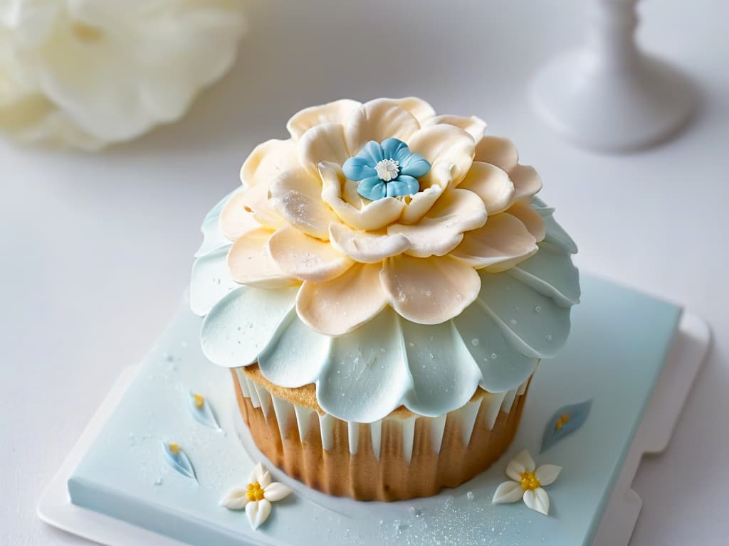  A closeup, ultradetailed image of a perfectly frosted cupcake with a delicate sugar flower on top, all in muted pastel colors. The frosting is smooth and glossy, with intricate swirls that catch the light just right. Every tiny detail is crystal clear, from the tiny sugar sprinkles to the delicate ridges on the flower petals. The overall look is elegant and refined, highlighting the artistry and skill involved in diabeticfriendly baking. hyperrealistic, full body, detailed clothing, highly detailed, cinematic lighting, stunningly beautiful, intricate, sharp focus, f/1. 8, 85mm, (centered image composition), (professionally color graded), ((bright soft diffused light)), volumetric fog, trending on instagram, trending on tumblr, HDR 4K, 8K