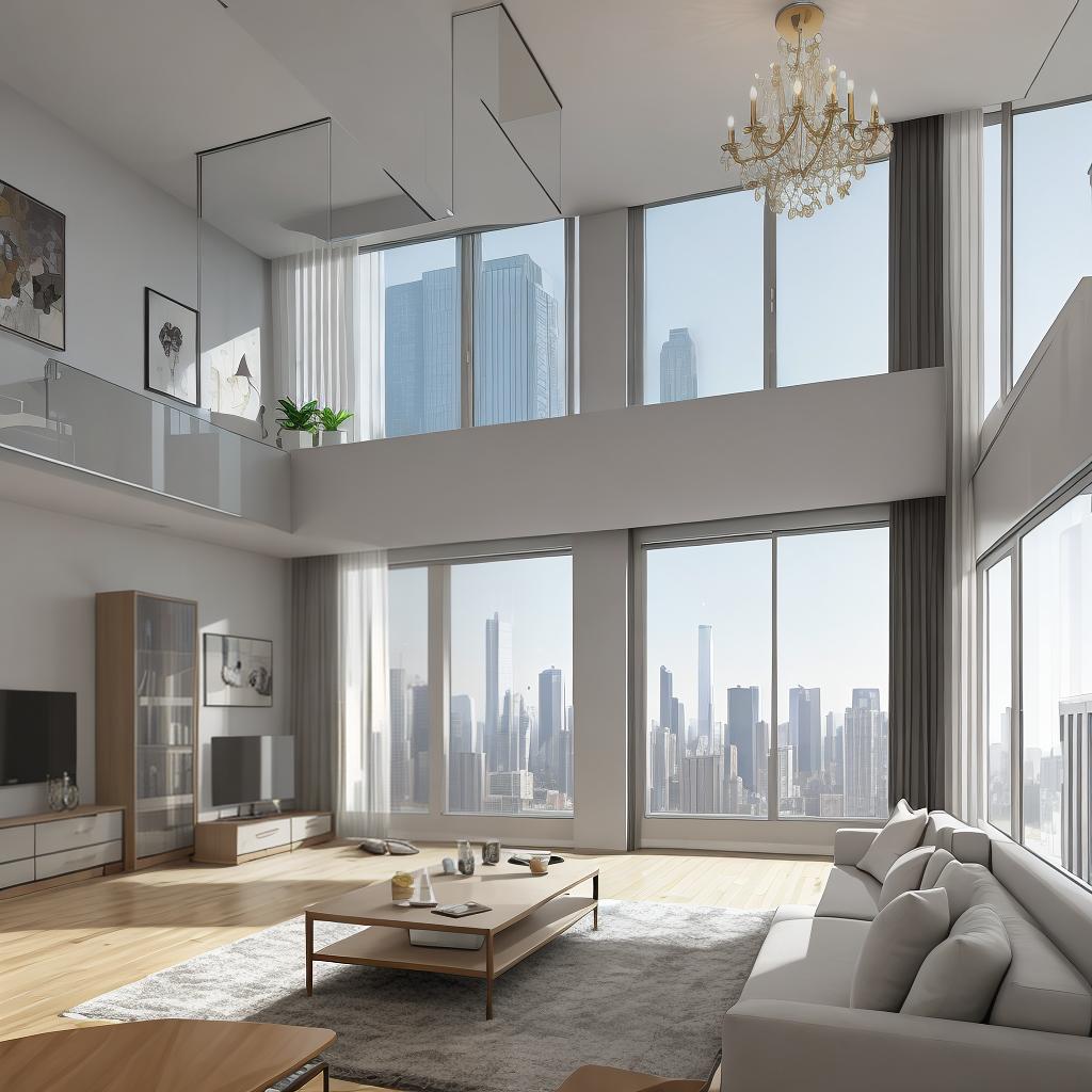  masterpiece, best quality, Best Quality, Masterpiece, 8k resolution,high resolution concept art of an apartment living room with floor to ceiling windows and modern furniture