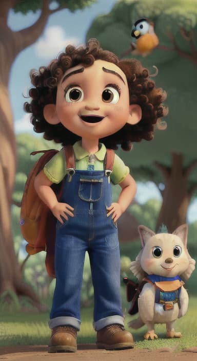  {Riley looking up at the tree with a big smile, animals surrounding them., Riley, a curious with big brown eyes and curly hair, wearing overalls and carrying a small backpack. Their friend, Skye, a bluebird with shiny feathers.