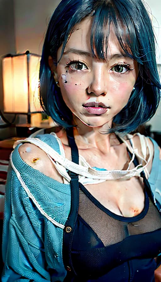  Cute, beautiful girl, blue hair, (Masterpiece, BestQuality:1.3), (ultra detailed:1.2), (hyperrealistic:1.3), (RAW photo:1.2),High detail RAW color photo, professional photograph, (Photorealistic:1.4), (realistic:1.4), ,professional lighting, (japanese), beautiful face, (realistic face)