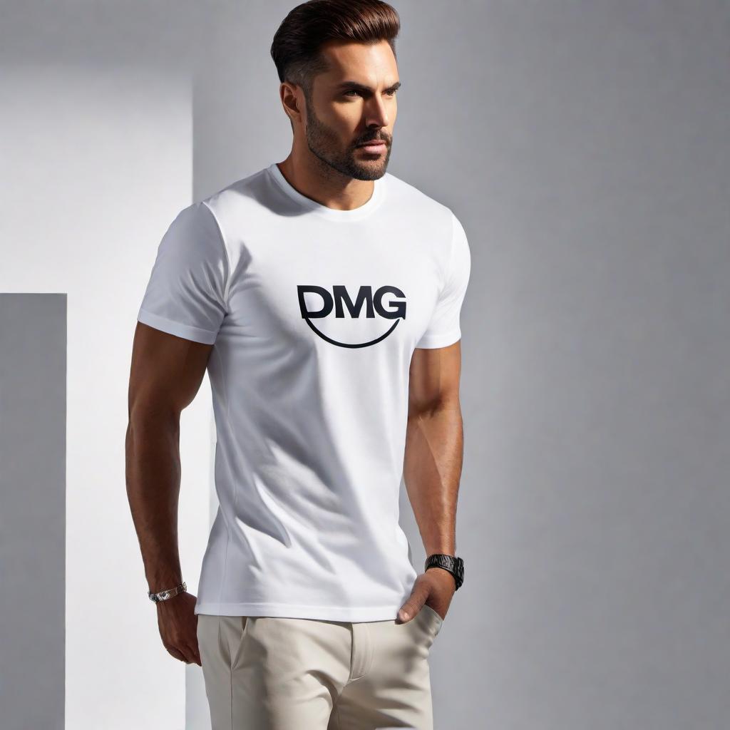  a T-shirt with the brand logo DMG on it. The logo should be stylish and clearly visible on the front of the T-shirt. The T-shirt should be presented in a way that highlights the branding, possibly with a casual or urban background that complements the style of the brand. hyperrealistic, full body, detailed clothing, highly detailed, cinematic lighting, stunningly beautiful, intricate, sharp focus, f/1. 8, 85mm, (centered image composition), (professionally color graded), ((bright soft diffused light)), volumetric fog, trending on instagram, trending on tumblr, HDR 4K, 8K