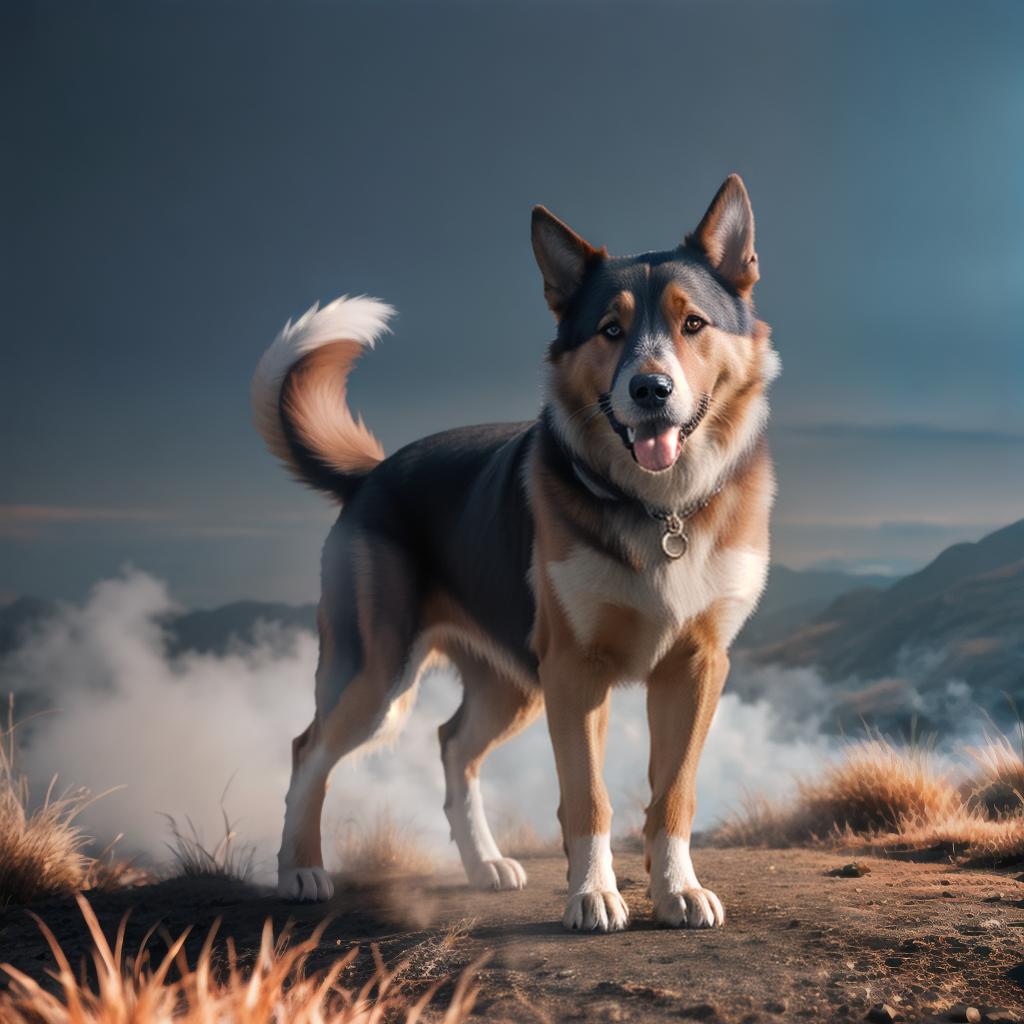  dog hyperrealistic, full body, detailed clothing, highly detailed, cinematic lighting, stunningly beautiful, intricate, sharp focus, f/1. 8, 85mm, (centered image composition), (professionally color graded), ((bright soft diffused light)), volumetric fog, trending on instagram, trending on tumblr, HDR 4K, 8K