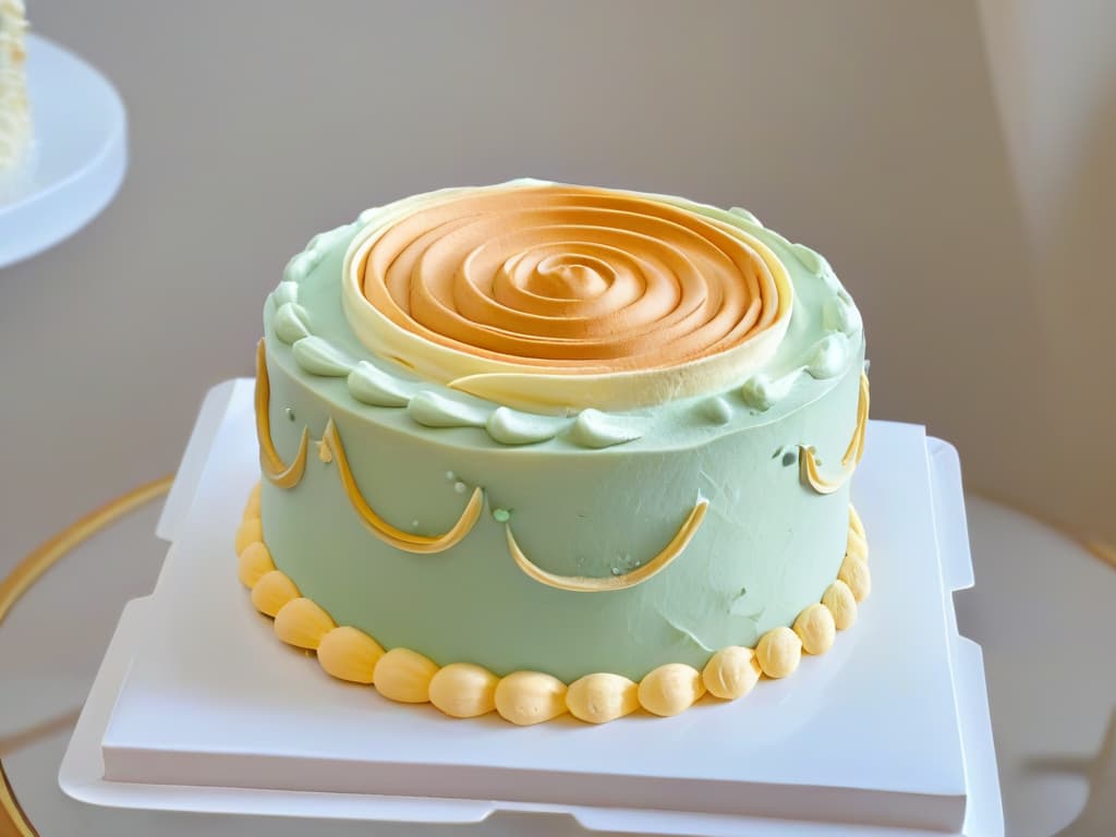  A closeup, ultradetailed image of a hand delicately piping intricate swirls of pastelcolored buttercream onto a perfectly smooth and shiny fondant cake. The focus is on the precision and artistry of the piping work, showcasing the elegant design and advanced decorating technique in gourmet pastry. The color palette is soft and harmonious, highlighting the meticulous craftsmanship and refined aesthetic of the gourmet dessert decoration. hyperrealistic, full body, detailed clothing, highly detailed, cinematic lighting, stunningly beautiful, intricate, sharp focus, f/1. 8, 85mm, (centered image composition), (professionally color graded), ((bright soft diffused light)), volumetric fog, trending on instagram, trending on tumblr, HDR 4K, 8K