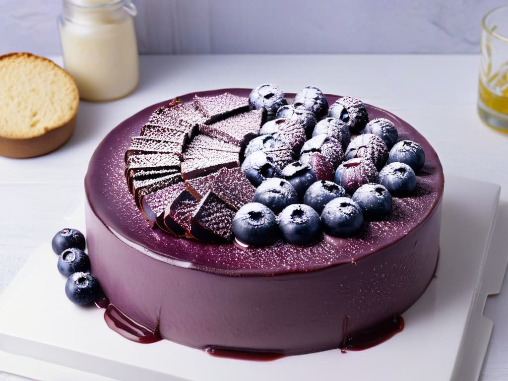  A photorealistic image of a decadent açaí berry cheesecake, showcasing intricate layers of rich purple açaíinfused cream cheese filling on a crumbly almond and date crust, topped with a glossy açaí glaze and fresh berries. The cheesecake sits on a sleek marble countertop, with soft natural lighting enhancing the vibrant colors and textures of the dessert. The details are so precise that every swirl of the açaí glaze, glistening berry, and crumb of the crust are vivid and inviting, making the viewer feel as if they could reach out and taste the luscious treat. hyperrealistic, full body, detailed clothing, highly detailed, cinematic lighting, stunningly beautiful, intricate, sharp focus, f/1. 8, 85mm, (centered image composition), (professionally color graded), ((bright soft diffused light)), volumetric fog, trending on instagram, trending on tumblr, HDR 4K, 8K