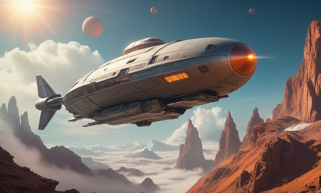  concept art A spaceship hovers in the sky above a foreign planet. The spaceship's design is retro, reminiscent of the Soviet era. . digital artwork, illustrative, painterly, matte painting, highly detailed hyperrealistic, full body, detailed clothing, highly detailed, cinematic lighting, stunningly beautiful, intricate, sharp focus, f/1. 8, 85mm, (centered image composition), (professionally color graded), ((bright soft diffused light)), volumetric fog, trending on instagram, trending on tumblr, HDR 4K, 8K