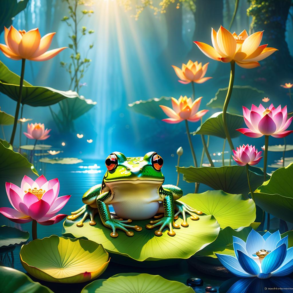  ethereal fantasy concept art of (Background): a lake with blooming lotuses of different shades: from white pink to bright crimson and leaves of tender green colour. The sky above the lake of dark blue colour with golden stars scattered on it. (Fantasy Princess Frog): in the centre of the lake on the biggest lotus flower sits a charming frog in a golden crown decorated with blue and blue precious stones. In his paws he holds a ring decorated with blue stones. Style: fantasy, Russian fairy tales, illustrations. . magnificent, celestial, ethereal, painterly, epic, majestic, magical, fantasy art, cover art, dreamy hyperrealistic, full body, detailed clothing, highly detailed, cinematic lighting, stunningly beautiful, intricate, sharp focus, f/1. 8, 85mm, (centered image composition), (professionally color graded), ((bright soft diffused light)), volumetric fog, trending on instagram, trending on tumblr, HDR 4K, 8K