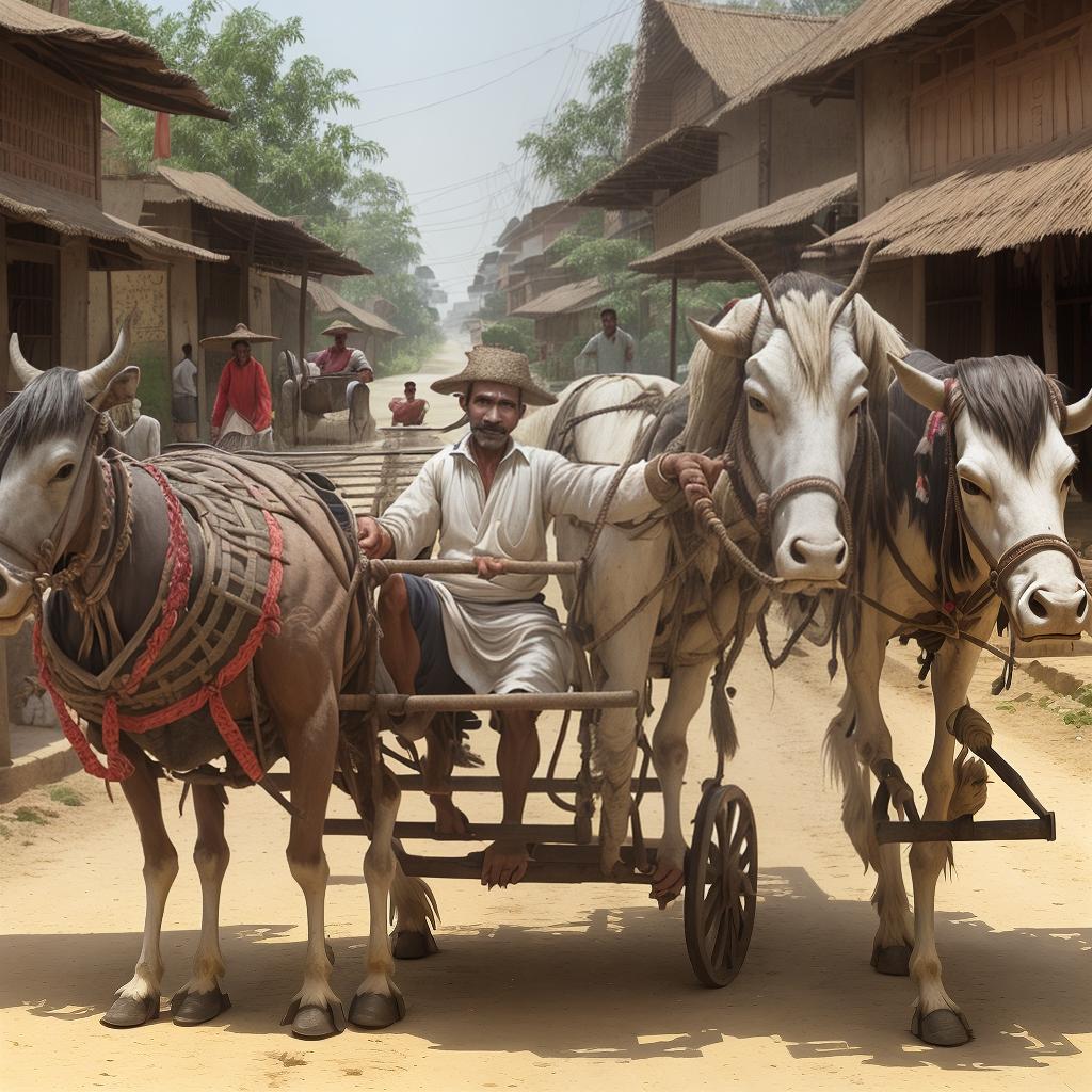  a man on the ox cart coming from the street of an Indian village