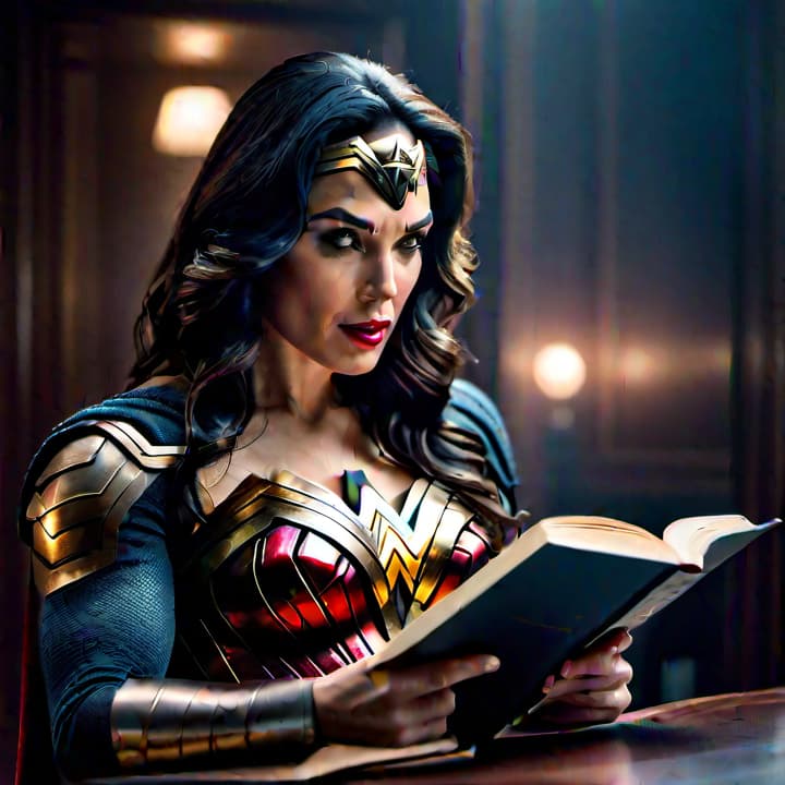  Wonder Woman is reading a book hyperrealistic, full body, detailed clothing, highly detailed, cinematic lighting, stunningly beautiful, intricate, sharp focus, f/1. 8, 85mm, (centered image composition), (professionally color graded), ((bright soft diffused light)), volumetric fog, trending on instagram, trending on tumblr, HDR 4K, 8K