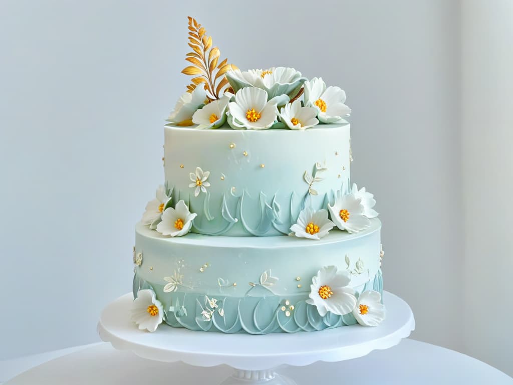  A closeup, ultradetailed image of a perfectly frosted and decorated threetiered cake, showcasing intricate piping work, delicate sugar flowers, and shimmering edible gold accents. The cake is displayed on a sleek, white marble countertop, with soft, natural light gently highlighting its flawless craftsmanship. hyperrealistic, full body, detailed clothing, highly detailed, cinematic lighting, stunningly beautiful, intricate, sharp focus, f/1. 8, 85mm, (centered image composition), (professionally color graded), ((bright soft diffused light)), volumetric fog, trending on instagram, trending on tumblr, HDR 4K, 8K