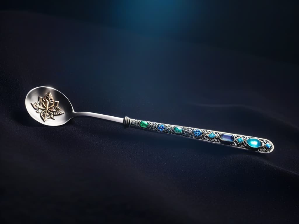  An ultradetailed closeup image of a sleek, silver mixing spoon engraved with intricate magical symbols and adorned with tiny shimmering gemstones, set against a dark velvet background to enhance its mystical allure. The light catches each gemstone, casting colorful reflections, while the symbols seem to glow with an otherworldly light, evoking a sense of wonder and enchantment. hyperrealistic, full body, detailed clothing, highly detailed, cinematic lighting, stunningly beautiful, intricate, sharp focus, f/1. 8, 85mm, (centered image composition), (professionally color graded), ((bright soft diffused light)), volumetric fog, trending on instagram, trending on tumblr, HDR 4K, 8K