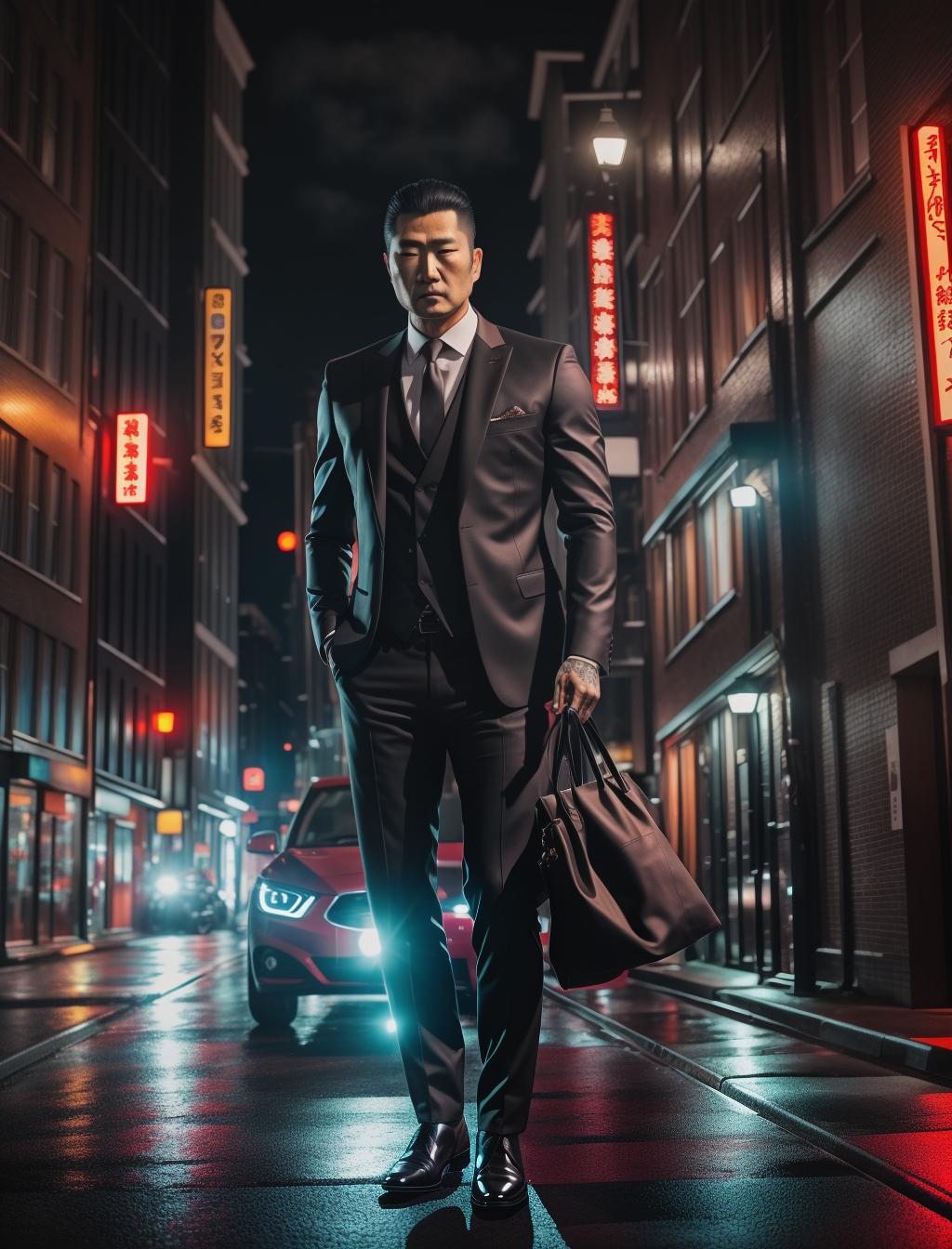  Yakuza waiting for taxi, heavy rain, Amsterdam at night, red light district hyperrealistic, full body, detailed clothing, highly detailed, cinematic lighting, stunningly beautiful, intricate, sharp focus, f/1. 8, 85mm, (centered image composition), (professionally color graded), ((bright soft diffused light)), volumetric fog, trending on instagram, trending on tumblr, HDR 4K, 8K