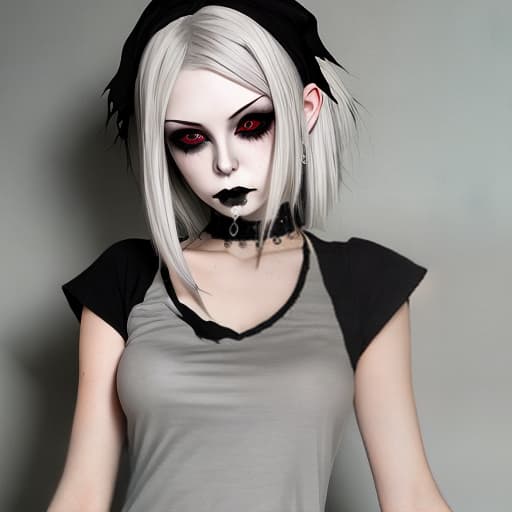  1girl, silver hair, green eyes, grey T-shirt, red saggy pants, Gothic makeup