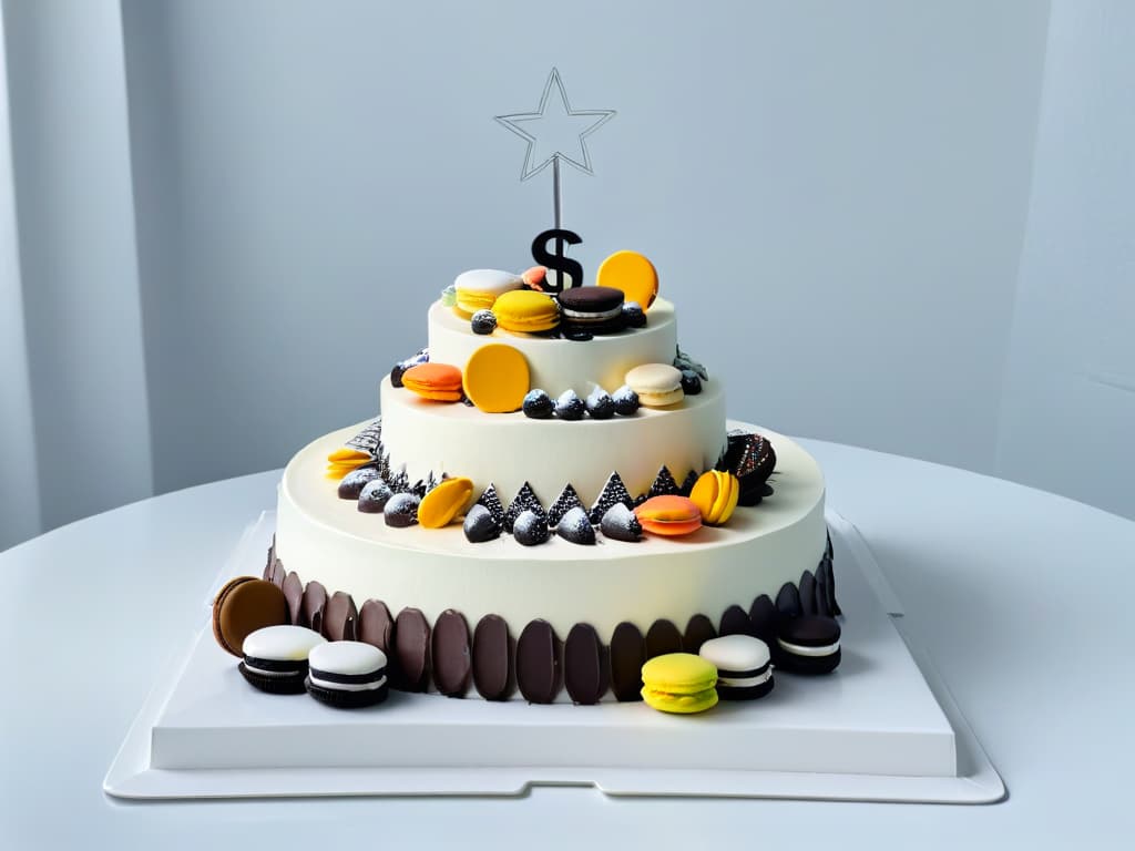  An intricately designed, minimalist black and white illustration showcasing a decadent dessert table with an array of beautifully plated desserts like macarons, cupcakes, and tarts. The focus is on the intricate details of the desserts, highlighting the artistry and craftsmanship involved in creating them. The background is a simple, clean white to make the desserts stand out, creating a visually striking and elegant image that evokes a sense of sophistication and luxury. hyperrealistic, full body, detailed clothing, highly detailed, cinematic lighting, stunningly beautiful, intricate, sharp focus, f/1. 8, 85mm, (centered image composition), (professionally color graded), ((bright soft diffused light)), volumetric fog, trending on instagram, trending on tumblr, HDR 4K, 8K